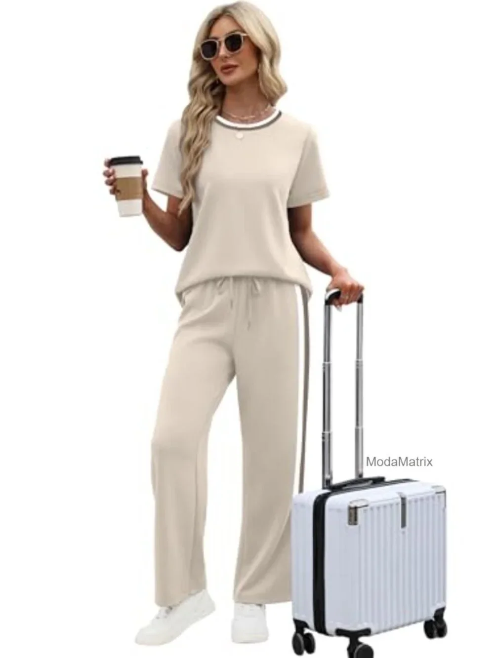 2 Piece Lounge Set for Women Short Sleeve Top Wide Leg Pants with Pockets